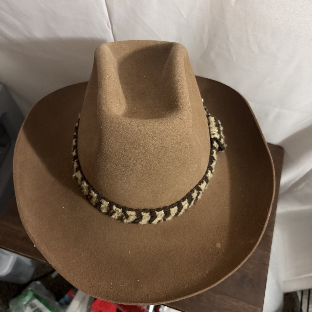 1970s Lee Hat Co Perma-Felt Rancher Cowboy Hat Brown Chevron Woven Band 7 1/4 - Picture 3 of 10